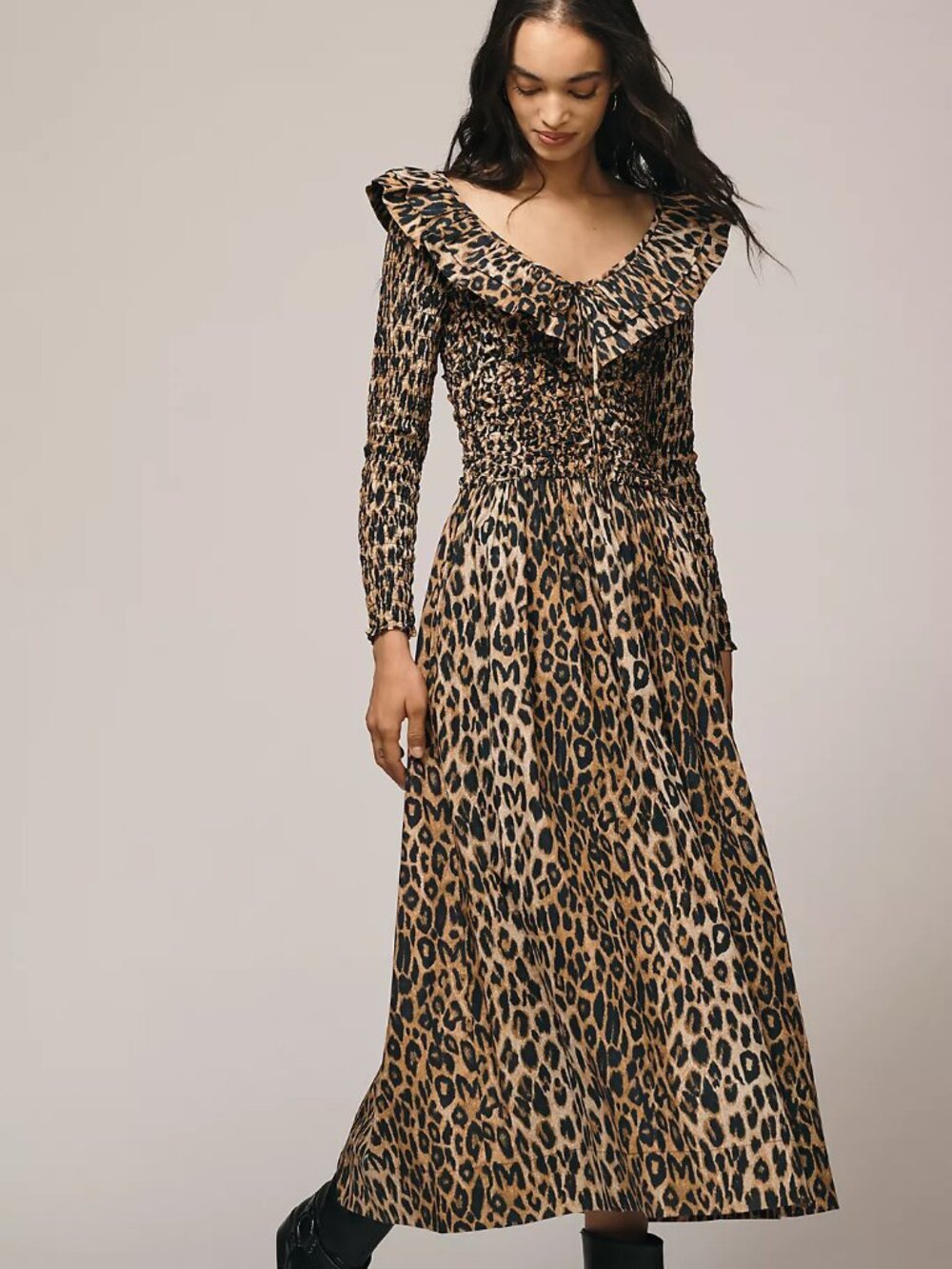 Damson Madder Harper Shirred Midi Dress - Leopard